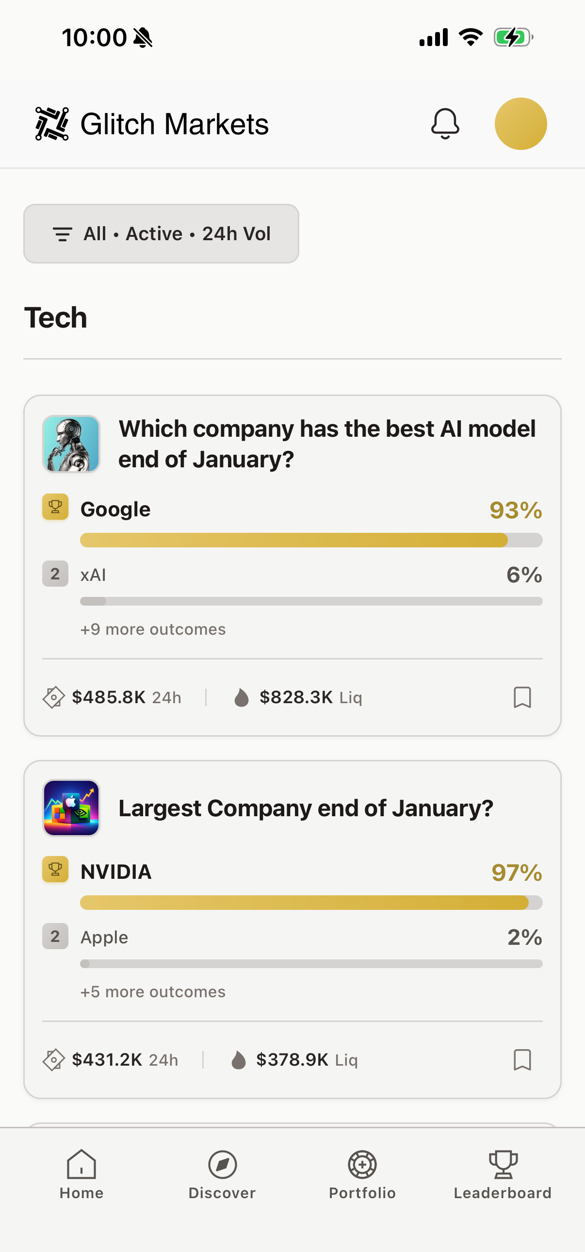 Market list showing real-time data
